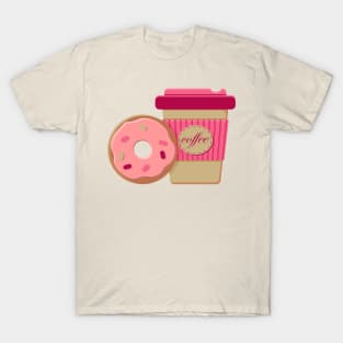 Paper cup of hot coffee to go and frosted pink donut T-Shirt